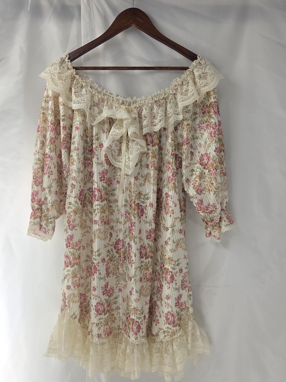 VTG Lady Cameo Dallas Floral Pleated Lace Trim Dress Tunic Off Shoulder